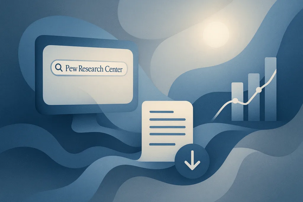 Abstract, beautifully-lit conceptual illustration of accessing and integrating Pew Research Center public data, with glowing light and soft shadows.