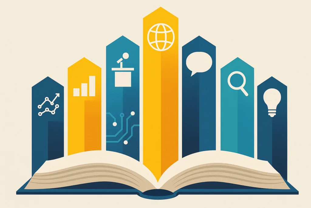 Research topics infographic, seven colored pillars rising from book, abstract icons for politics, tech, global trends, editorial illustration