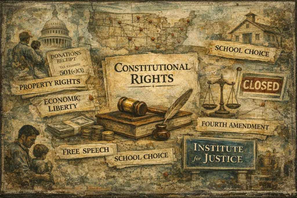 Institute for Justice constitutional rights themes including property speech and economic liberty collage