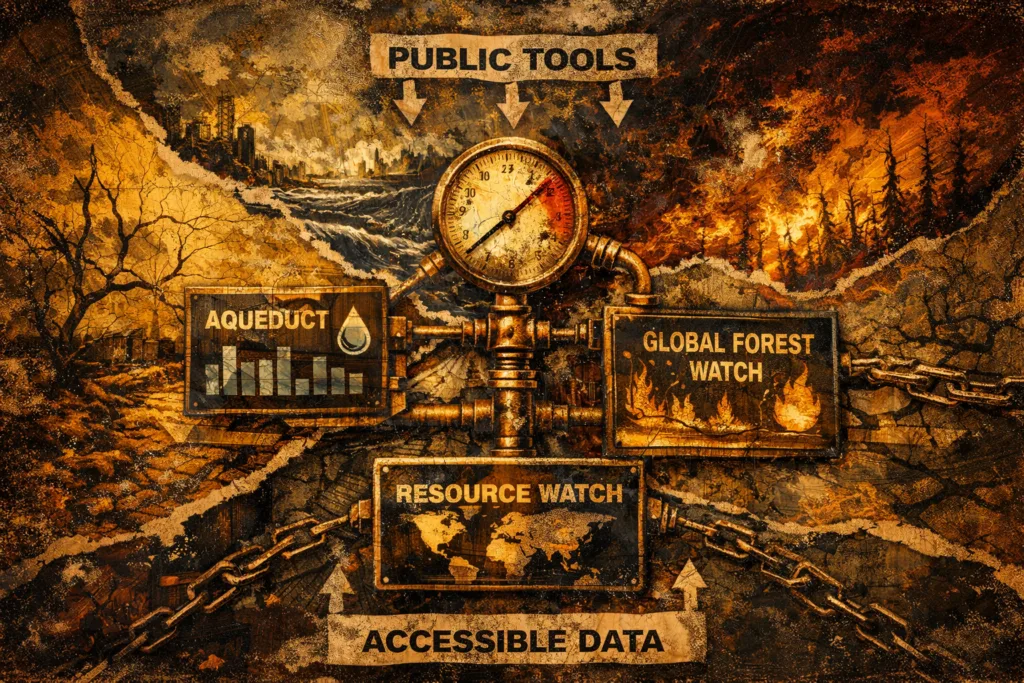 World Resources Institute tools shown as public evidence systems under pressure across water, forests, and cities