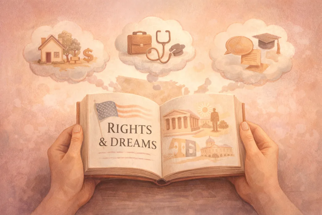 Institute for Justice mission and impact shown through warm symbolic legal and everyday-life objects