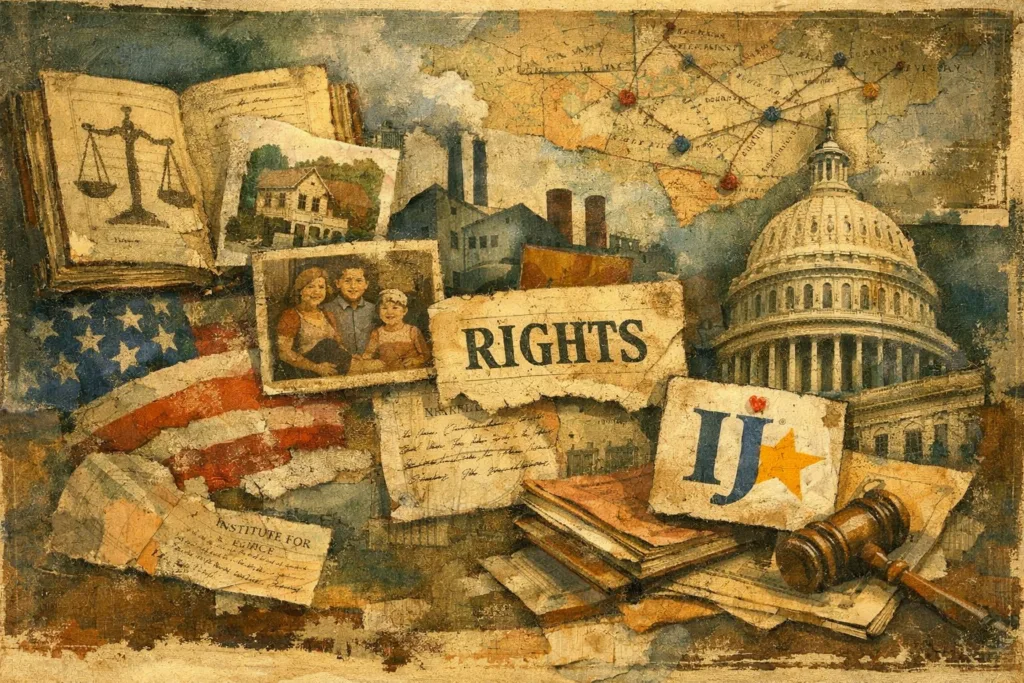 Institute for Justice visual collage about rights, families, work, and government power