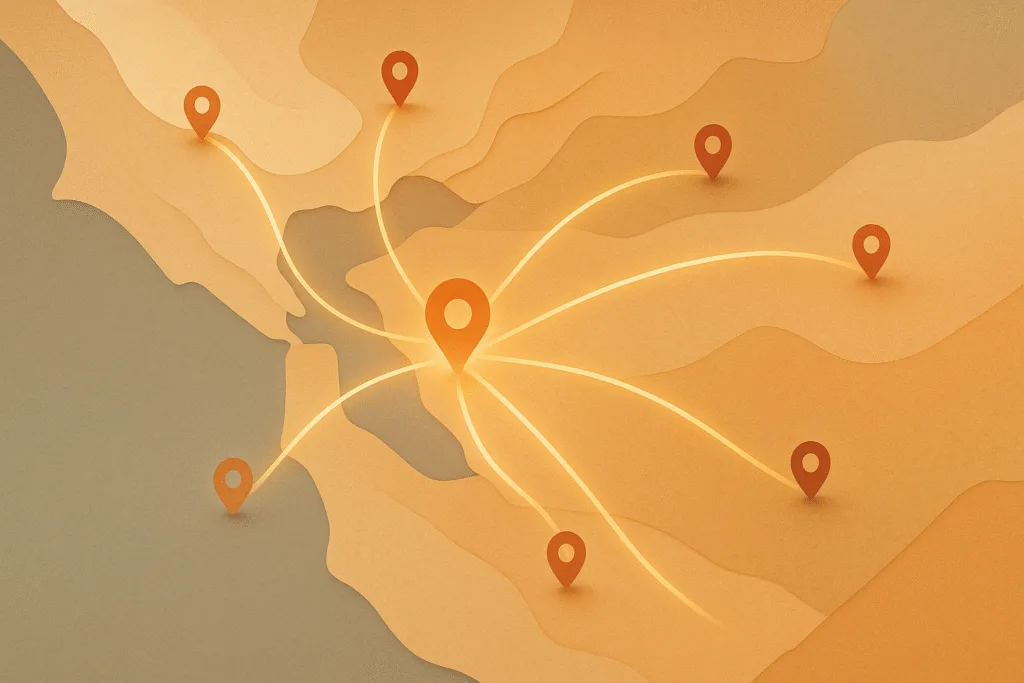 bay area mobile food distributions abstract map with glowing routes from a central hub across san francisco, alameda, contra costa, and solano