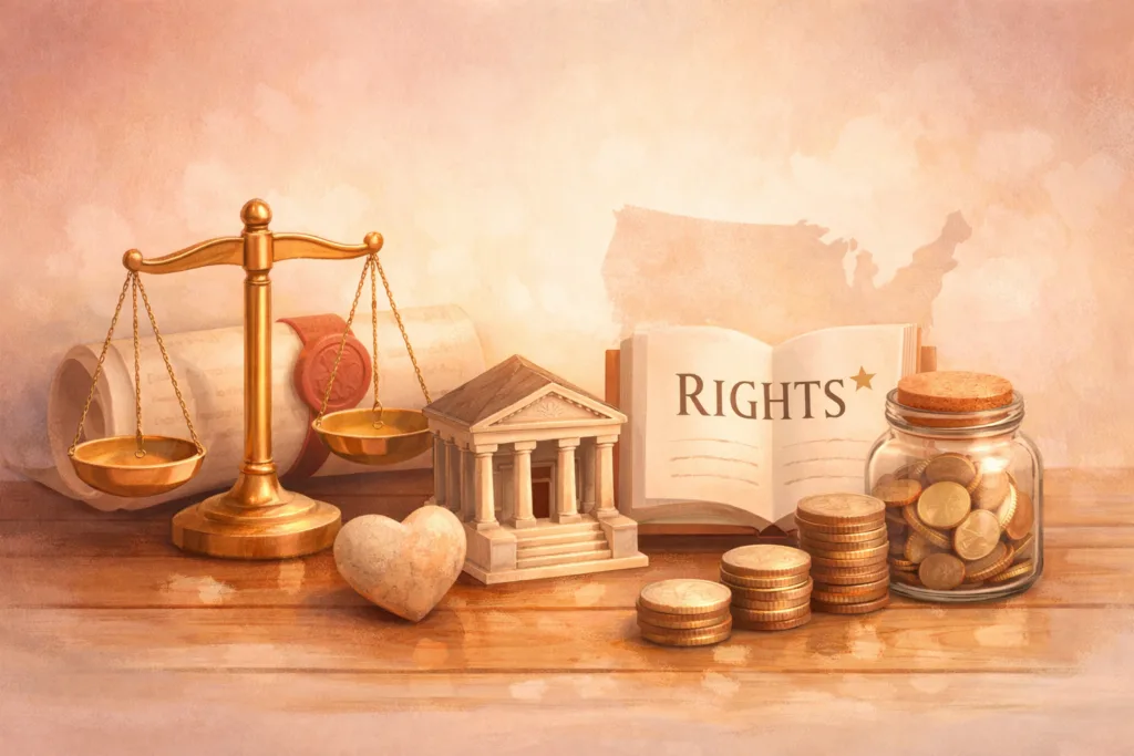 Institute for Justice symbols of rights, justice, and nonprofit finances in a warm editorial still life
