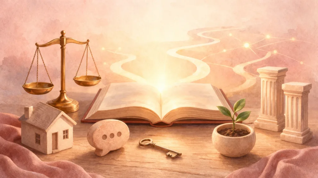 Institute for Justice FAQs shown through warm symbolic objects for rights, nonprofit law, and national impact