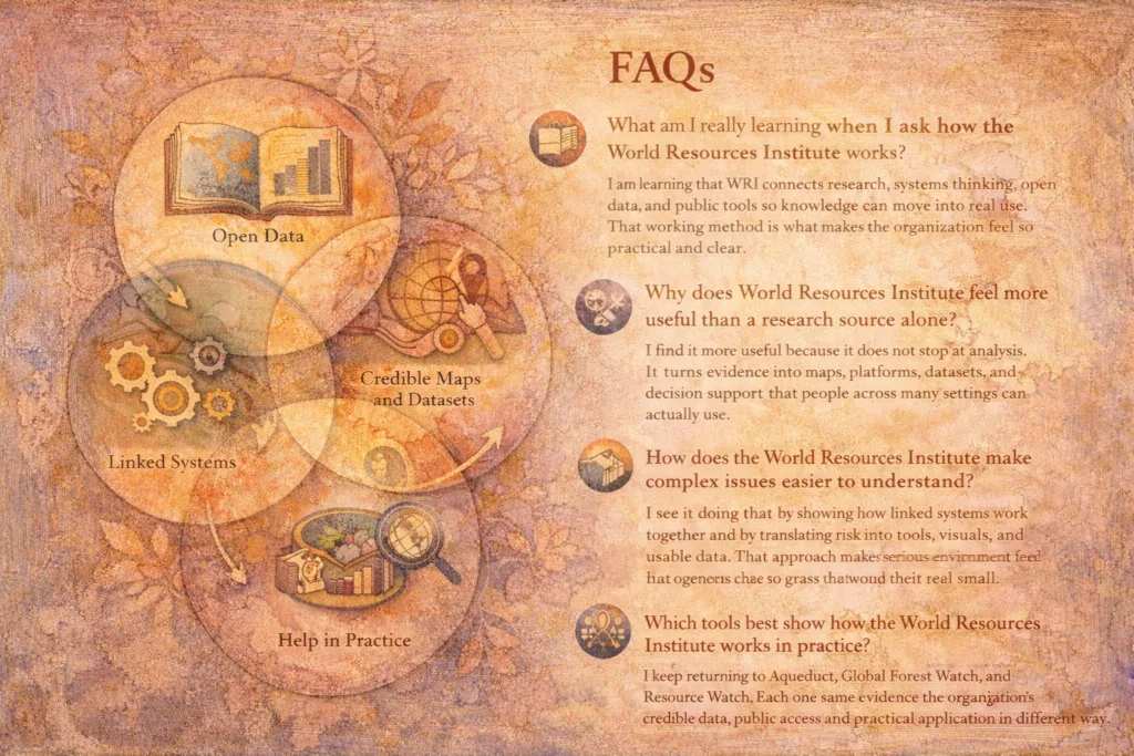World Resources Institute FAQ illustration showing open data, linked systems, maps, and practical tools in warm layered forms.