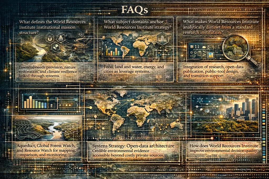 Open data architecture and environmental decision quality infographic with mission structure, public platforms, and systems domains