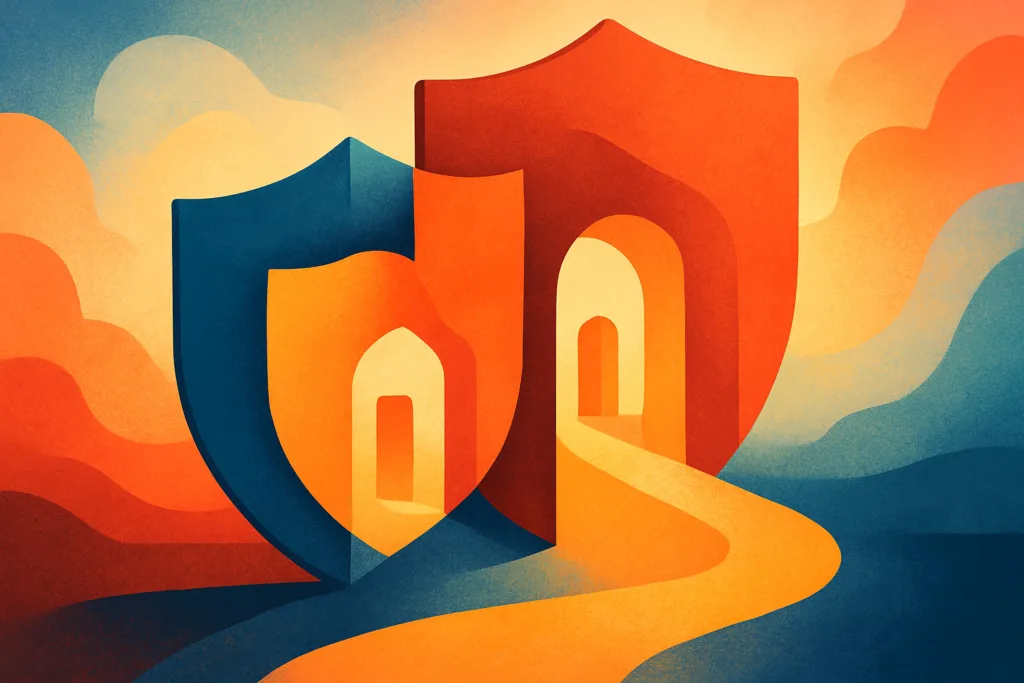 Civil rights support hero illustration, abstract shield shapes and open doors with warm red, gold, and blue gradients, digital editorial art