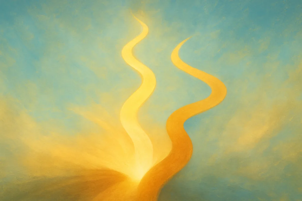 Beginner’s guide ACLU illustration, three abstract glowing golden paths diverging from a central point on a soft blue and gold background, digital editorial art