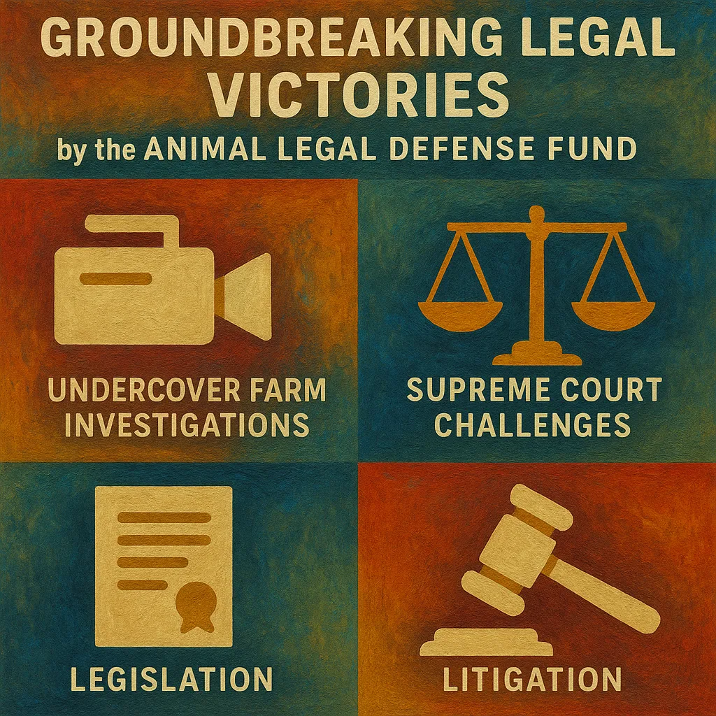 Infographic showing four types of Animal Legal Defense Fund victories—investigations, Supreme Court, legislation, litigation—illustrated with icons, oil-paint style.