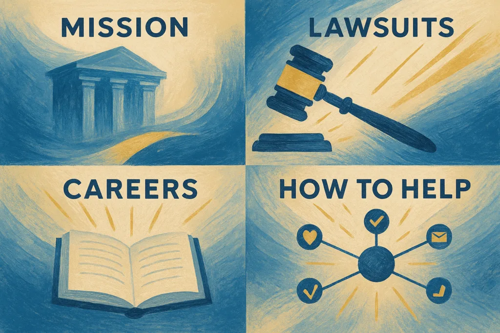Animal Legal Defense Fund infographic showing mission, lawsuits, careers, and ways to help; painterly editorial AVIF.