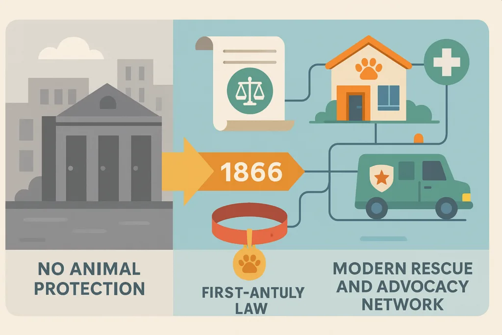 Infographic timeline: ASPCA’s journey from no animal protection, to 1866 anti-cruelty law, to modern rescue and advocacy network, flat illustration.