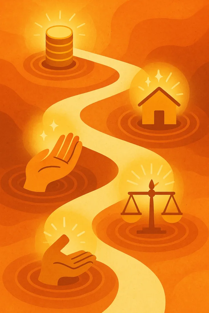 ASPCA support infographic showing four symbolic steps—donating, volunteering, adopting, advocating—along a glowing path, warm orange palette.