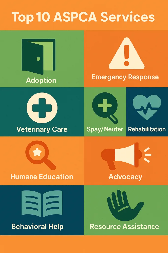 ASPCA services infographic showing icons for adoption, emergency response, veterinary care, support resources, and more, in bold colors.