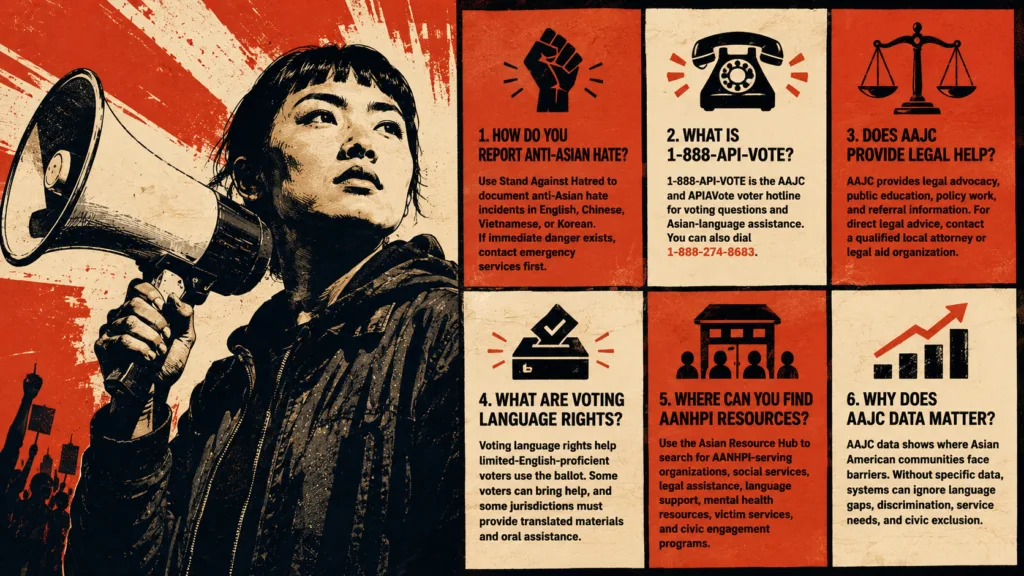 Urgent FAQ infographic about anti-Asian hate reporting, voting rights, legal help, and AANHPI community resources