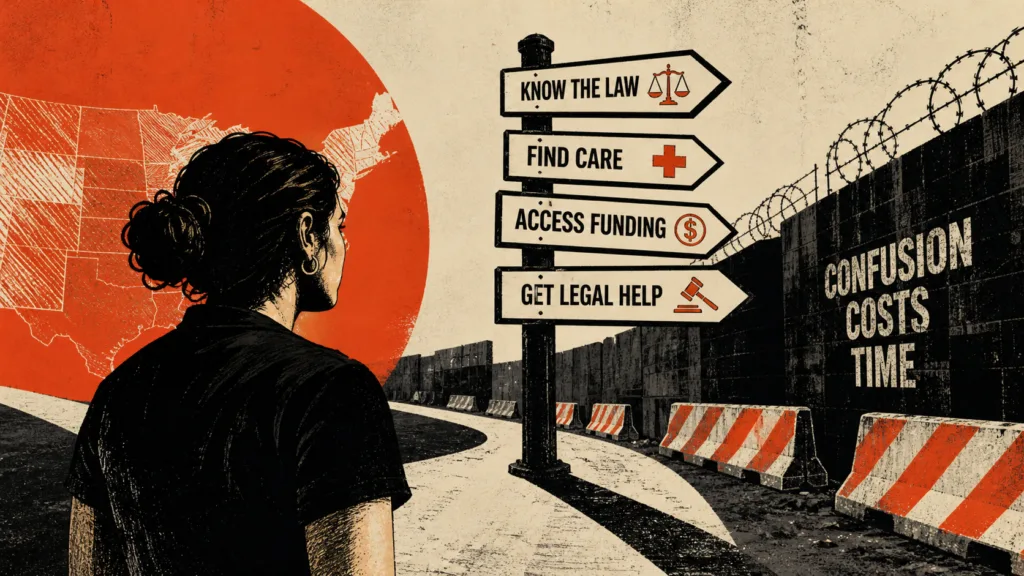 Person faces signpost splitting paths for law, care, funding, and legal help amid barriers