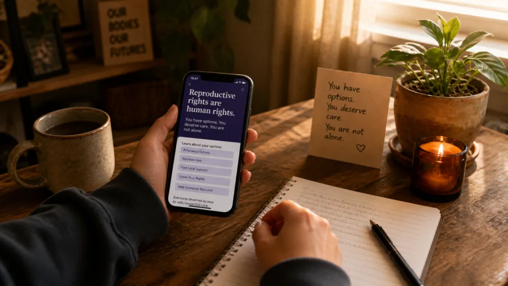 First-person view of reproductive rights resources on a phone beside a supportive note.