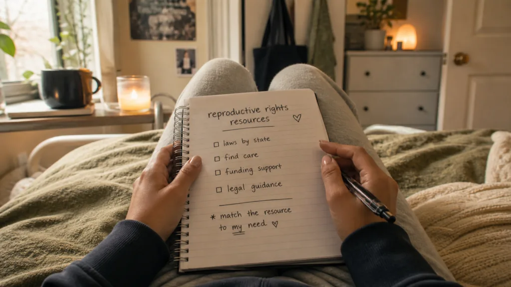 First-person view of a reproductive rights resources checklist in a notebook