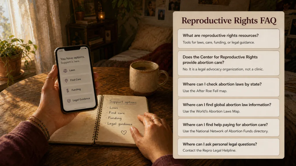 First-person view of reproductive rights resources with phone, notebook, and FAQ cards