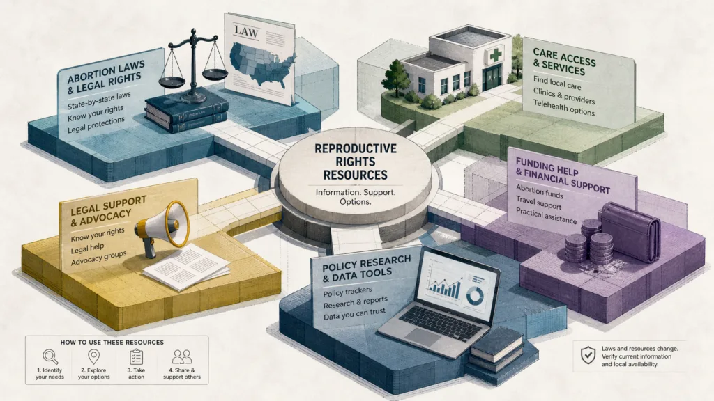 Structured diagram of reproductive rights resources including laws, care access, funding, legal support, and policy tools
