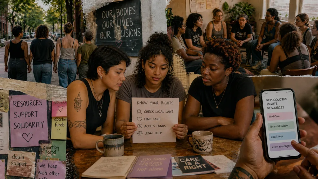 Younger adults review reproductive rights resources together at a community table.