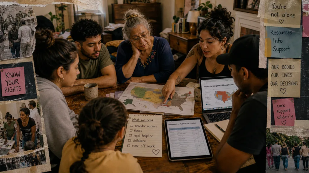 Family group reviews reproductive rights maps, legal resources, and support notes together