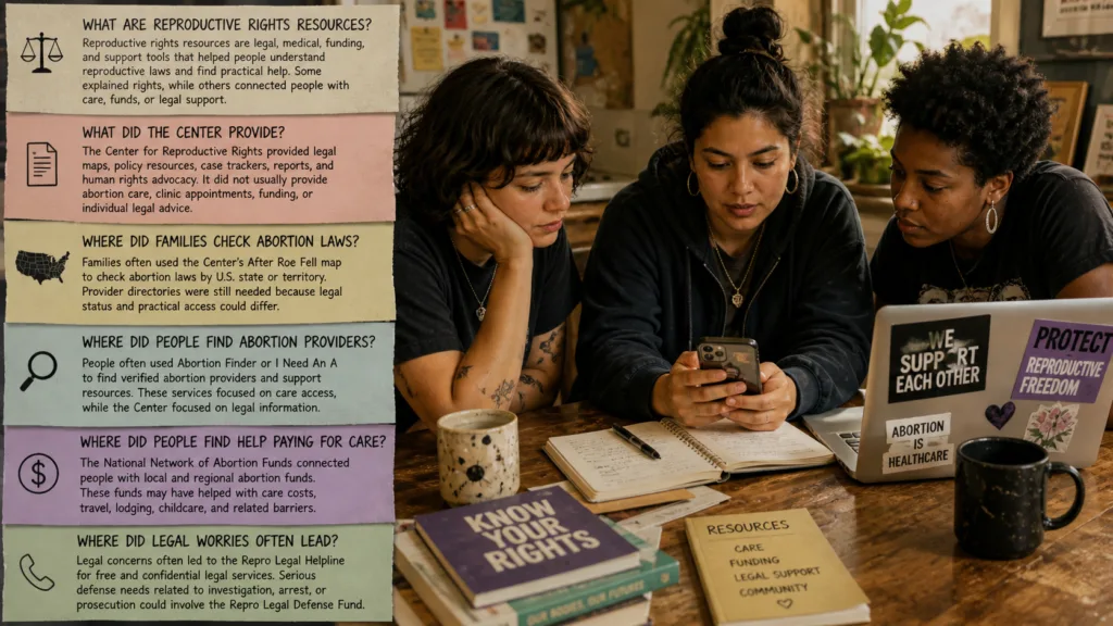 Young adults review reproductive rights FAQ cards and support resources at a kitchen table.