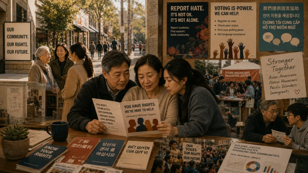 Multigenerational Asian American community reviewing voting and civil rights resources together