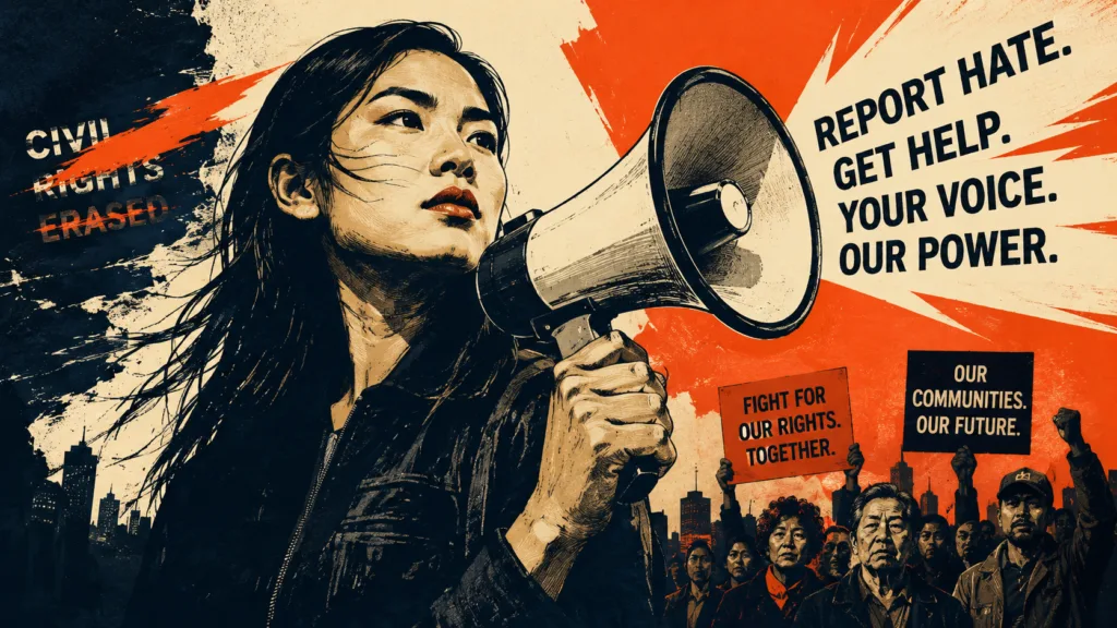 Asian American activist speaking through megaphone at civil rights protest poster