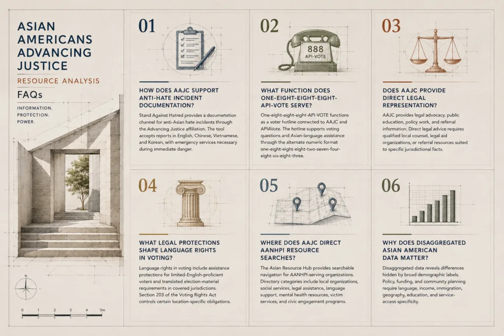 Architectural-style FAQ infographic explaining Asian Americans Advancing Justice resources and civil rights support