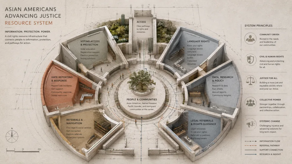 Architectural systems map visualizing Asian Americans Advancing Justice civil rights resources