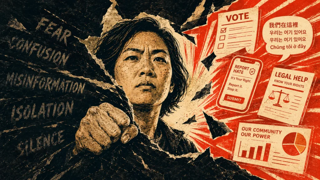 Asian American person breaks through barriers toward voting, hate reporting, legal, and language resources