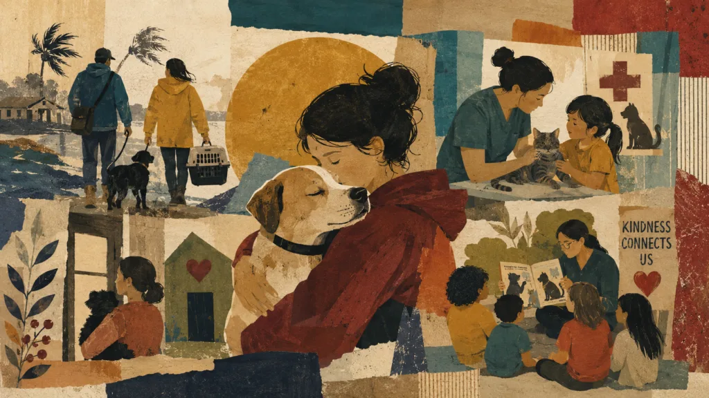 Mixed-media collage of families, pets, shelter, vet care, and education during animal crises