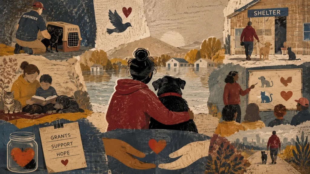 Illustrated collage of families, pets, responders, shelter support, and crisis aid