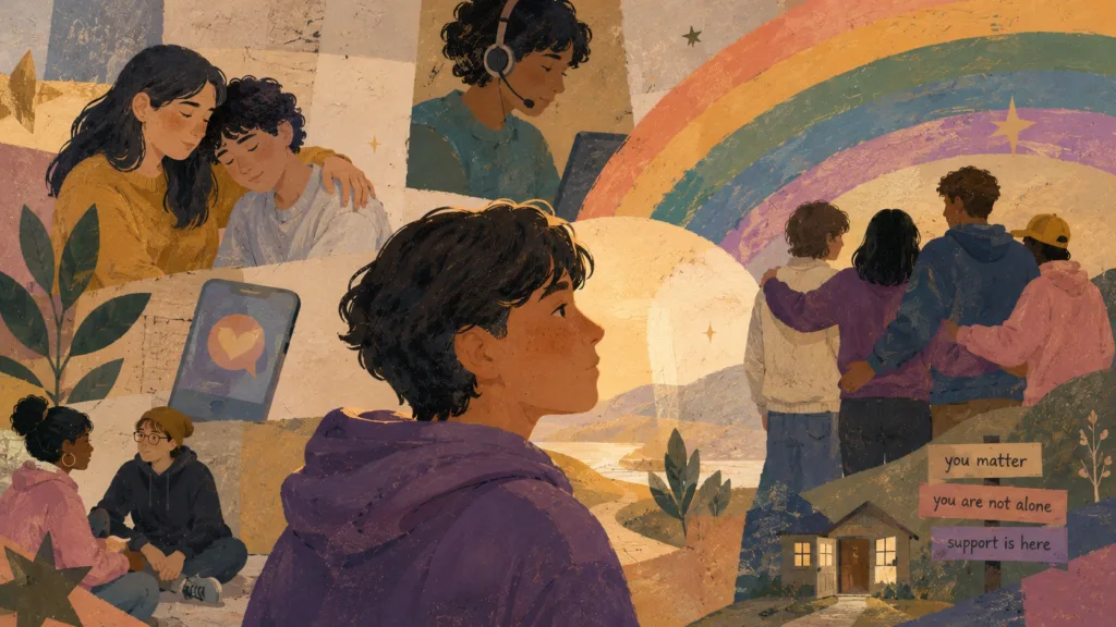 Illustrated collage of LGBTQ+ youth support, friendship, and emotional safety