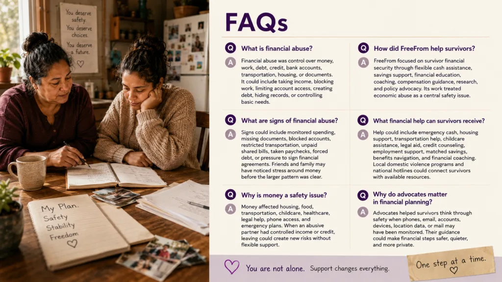 Women reviewing financial recovery plans beside an easy-to-read FAQ about survivor financial support
