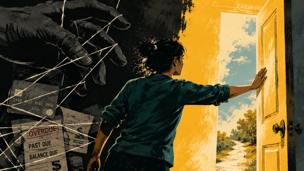 Woman escaping financial abuse and coercive debt through a bright doorway