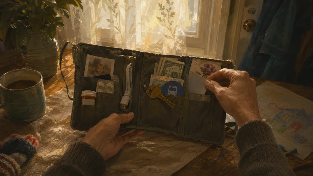 First-person view of a survivor opening a folio with essential items in warm morning light
