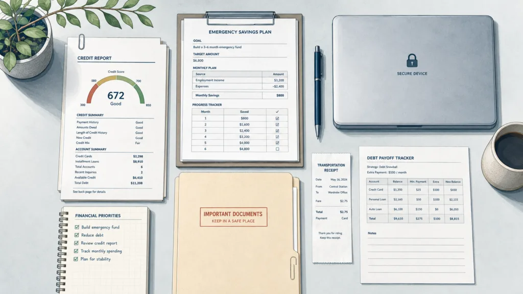 Financial recovery workspace with credit report, savings plan, secure laptop, and documents.