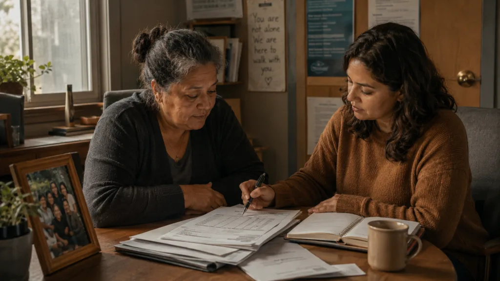 Survivor and advocate reviewing financial documents together in a nonprofit office