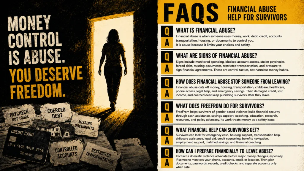 Financial abuse FAQ poster showing survivor walking toward freedom and readable safety resources
