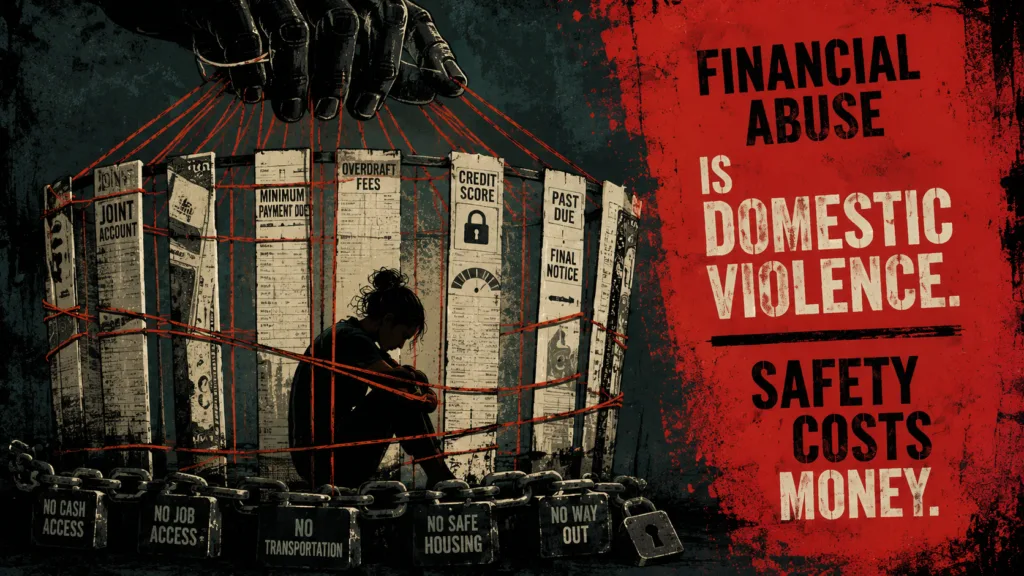 Editorial illustration of financial abuse trapping a survivor behind debt and account barriers.