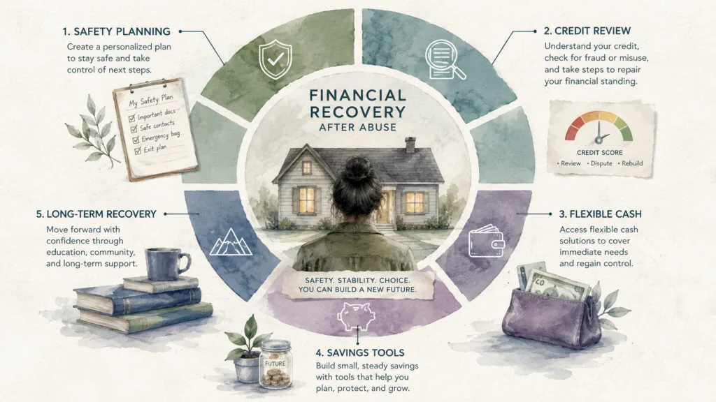 Illustrated framework showing financial recovery steps after abuse including safety, credit, savings, and support.
