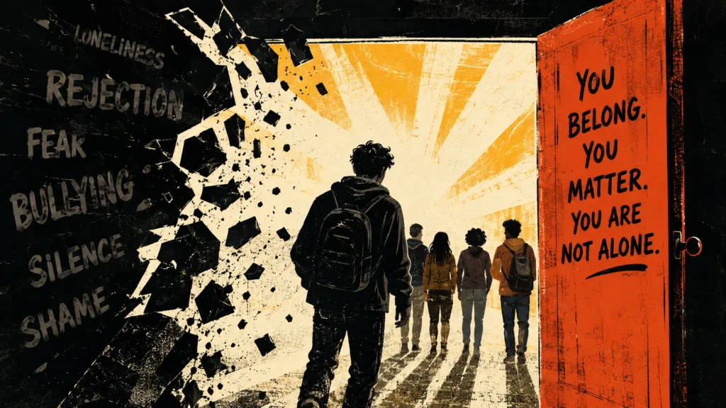 LGBTQ+ youth walking from crisis toward safety and support through an open door LGBTQ+ youth walking from crisis toward safety and support through an open door