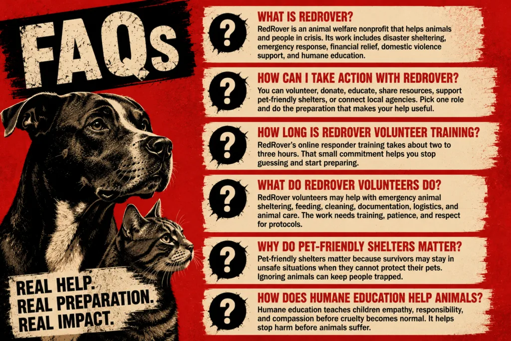 RedRover FAQ graphic with rescue dog, cat, and urgent animal crisis action questions