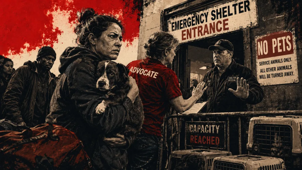 Advocate confronts shelter barriers while a person holds a pet outside an emergency entrance