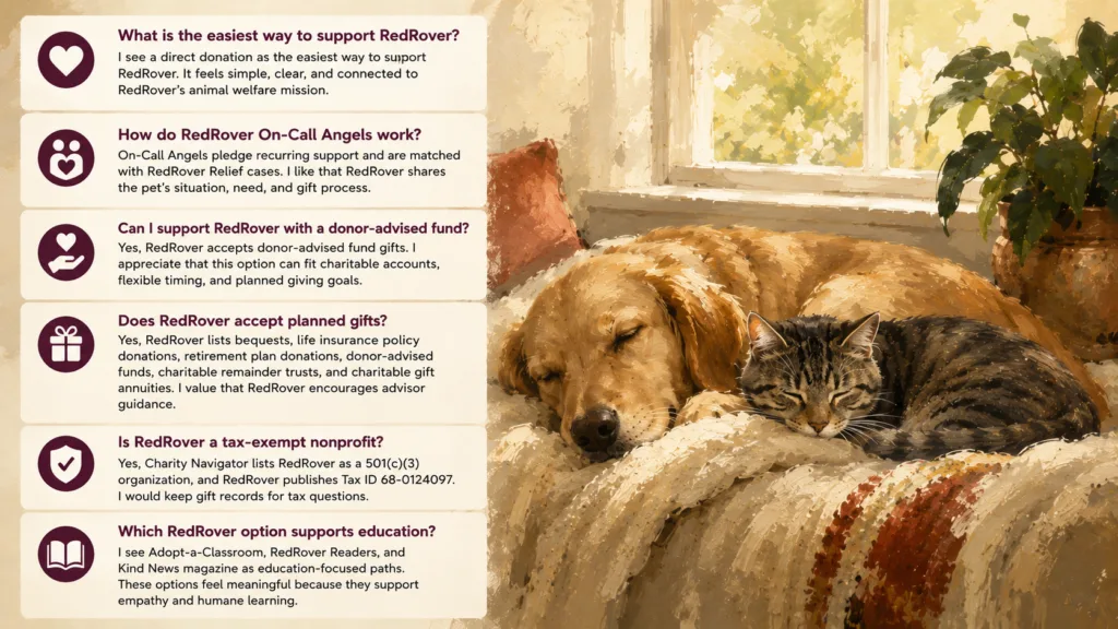RedRover support FAQ cards beside a peaceful dog and cat in a warm sunlit room