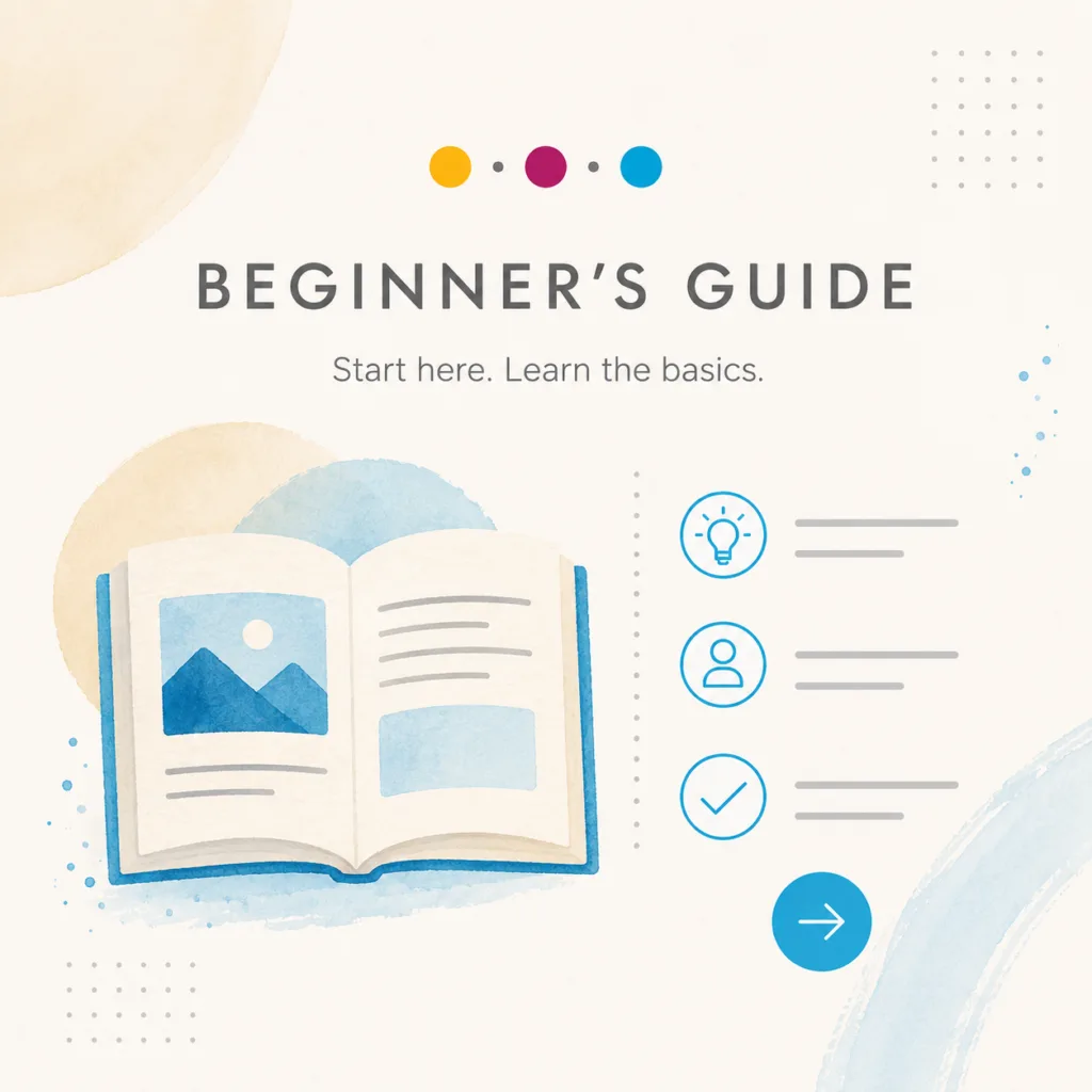 Beginner’s Guide graphic with open book, cyan icons, and soft editorial collage style