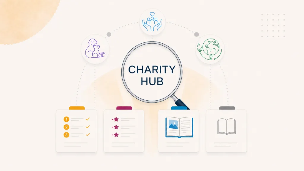 Charity Hub graphic with cause icons and guide cards around a magnifying glass