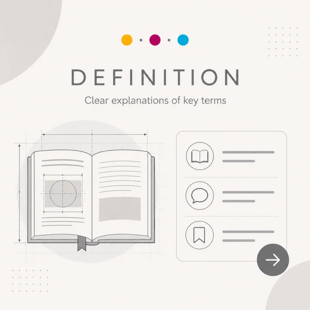 Definition graphic with open book, guide lines, icons, and gray analytical layout